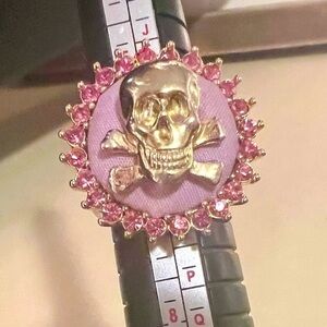 Rare Disney Couture Gold and Pink Skull Ring with Gemstone Halo - Size 6.5
